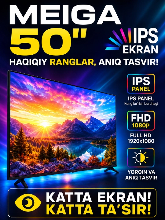Телевизор MEIGA 50" Smart Android TV — IPS Full HD Wi-Fi Голосовое управление