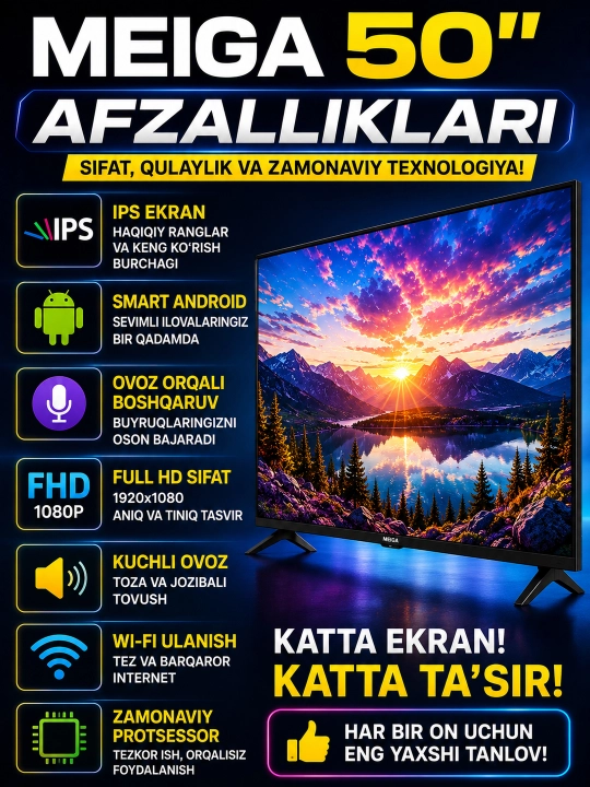 Телевизор MEIGA 50" Smart Android TV — IPS Full HD Wi-Fi Голосовое управление
