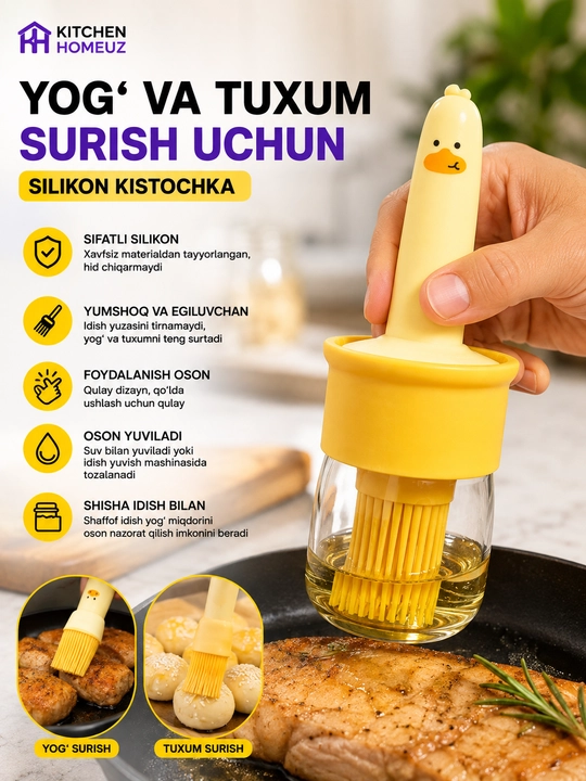 Yogʻ va tuxum surtish uchun silikon choʻtka (shisha idish bilan)