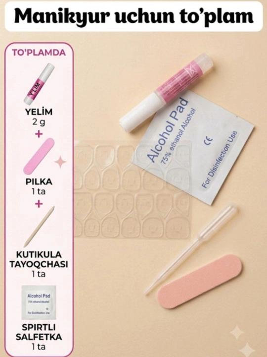 Soxta tirnoqlar uchun yelim, turli xil yelimlar, 5 xil variantdagi manikyur to‘plami