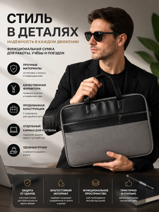 Сумка для ноутбука 15.6" 16" 17" универсальная, экокожа, для работы, учебы и для документов