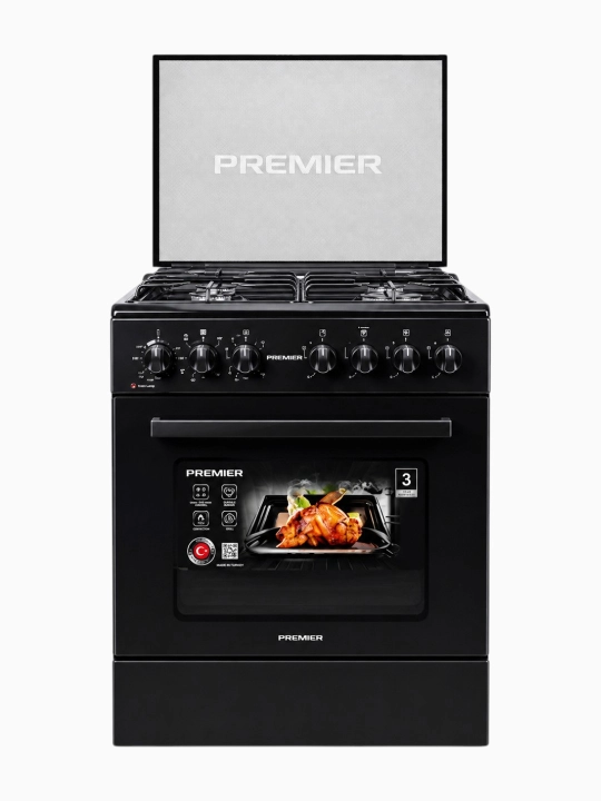Premier PRM-GE6031MD-BL gaz plitasi, 4 konforkali, elektr duxovka, qora rang - 