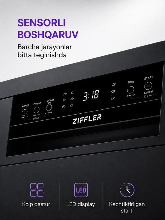 ZIFFLER Luxentra Series idish yuvish mashinasi, 15 to‘plam, Auto Open Drying, BLDC motor