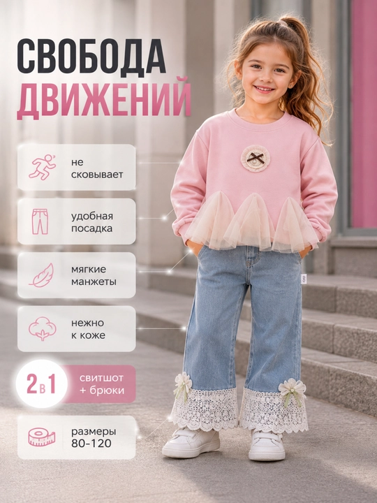 Элегантный комплект из двух предметов для девочек: топ с капюшоном и брюки с декором - 