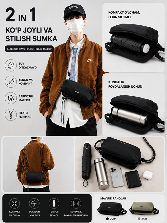 Сумка через плечо crossbody, унисекс, компактная, водоотталкивающая, повседневная - 