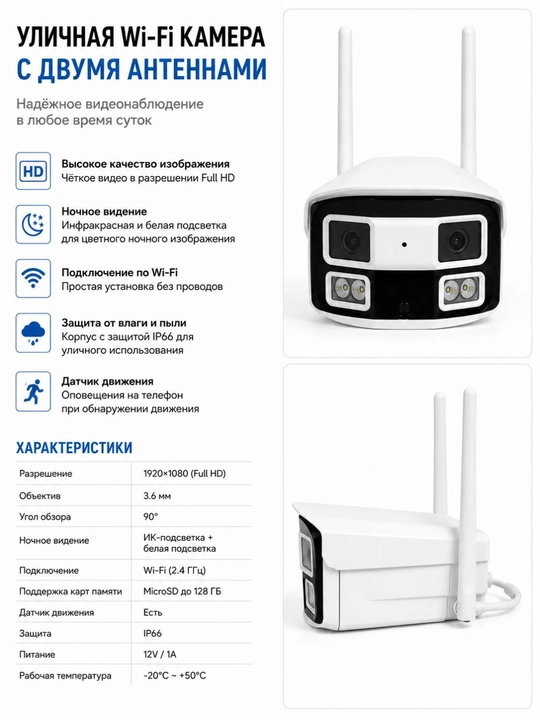 Уличная Wi-Fi IP-камера, двухлинзовая с панорамным обзором 180°, Full HD 1080P, IP66 - 