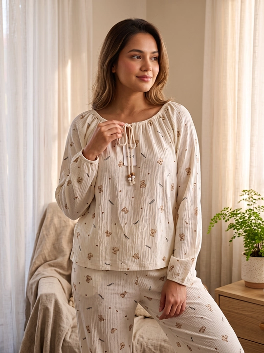 Ayollar uchun pijama to'plami, uzun yengli kofta va shim, yengil krep/muslin mato