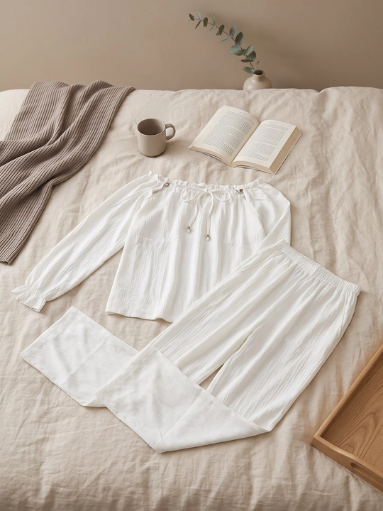 Ayollar uchun pijama to'plami, uzun yengli kofta va shim, yengil krep/muslin mato