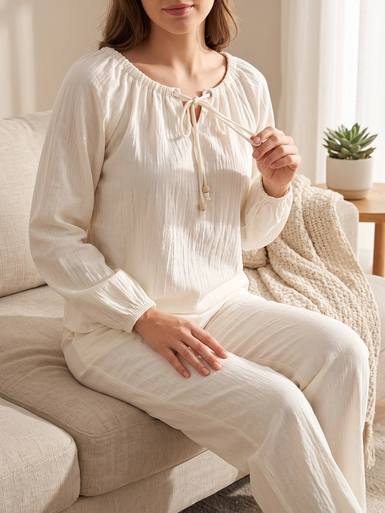 Ayollar uchun pijama to'plami, uzun yengli kofta va shim, yengil krep/muslin mato