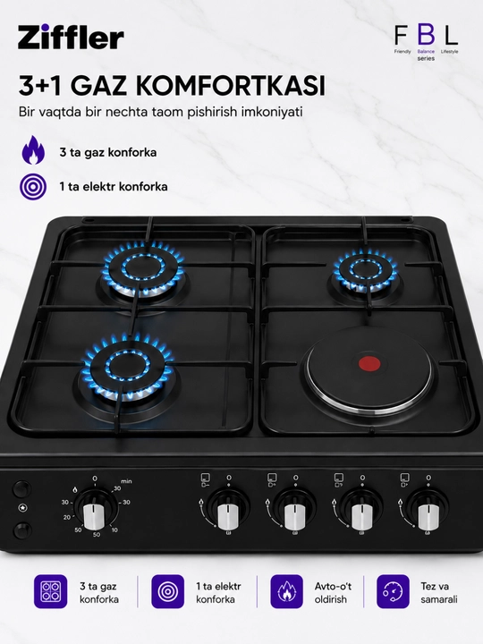 ZIFFLER gaz plitasi, 3+1 va 4 konforka, 63 L duxovka, avto-o‘t oldirish, 2 qavatli oyna