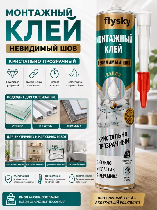 Flysky kristall shaffof montaj kleyi — ko‘rinmas chok, mustahkam birikma - 