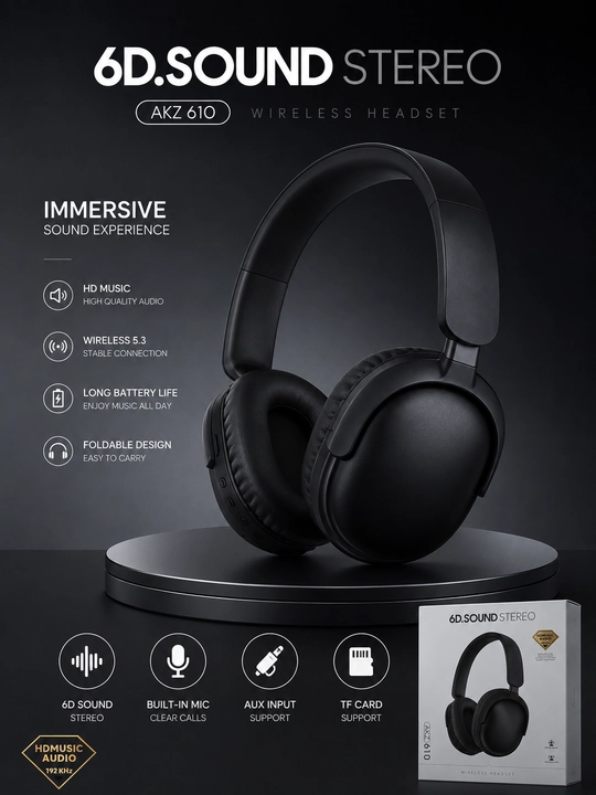 AKZ610 Bluetooth naushnik – simsiz, qora rangli  qulay dizaynli, yuqori ovoz sifati