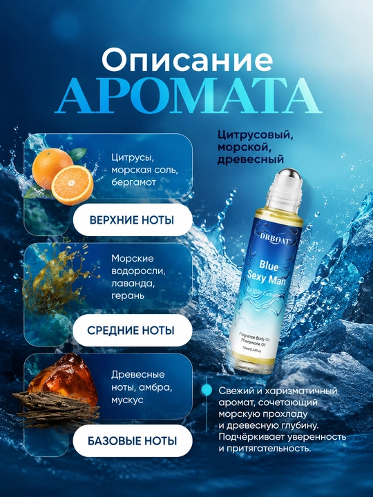 Масляные духи 10 мл — Стойкий мужской морской и древесный аромат без спирта, роликовые