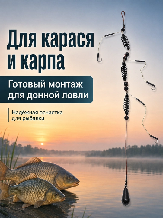 Super karas, karas va karp uchun baliq ovlash montaji, tayyor tubki anjom, 3 ilgak