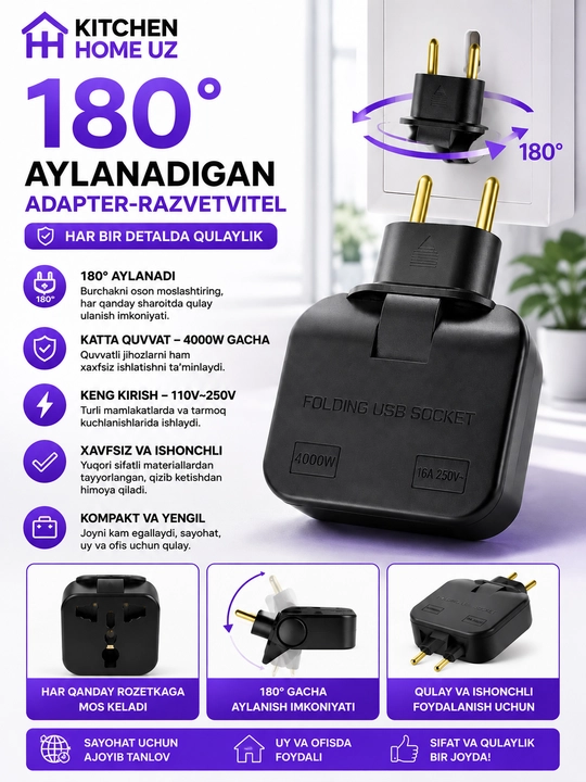 180° aylanadigan adapter-razvetvitel