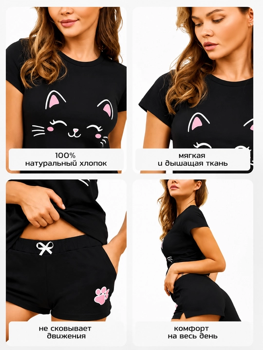 Ayollar uchun pijamasi, komplekt, paxta, ko‘ylak va shorti, XXS-XXXL