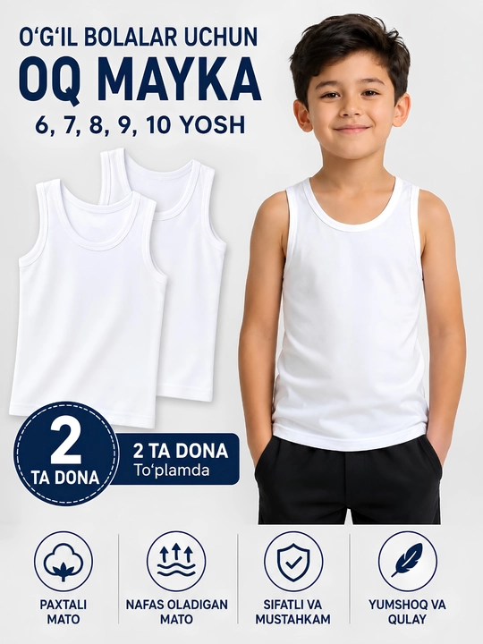 O‘g‘il bolalar uchun oq paxta maykasi — 6, 7, 8, 9, 10 yosh - 