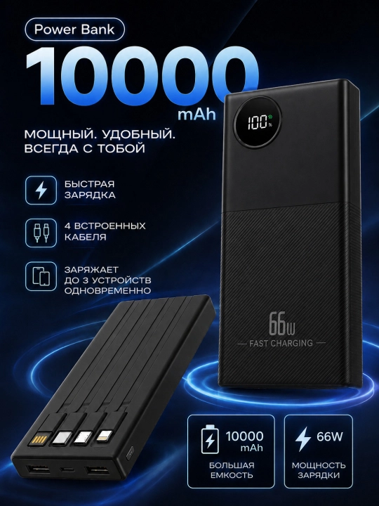 4 tasi 1-da kabelli quvvatlash banki, 10 000, 20 000 mA/soat, 66 Vt / 22,5 Vt