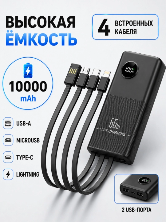 4 tasi 1-da kabelli quvvatlash banki, 10 000, 20 000 mA/soat, 66 Vt / 22,5 Vt