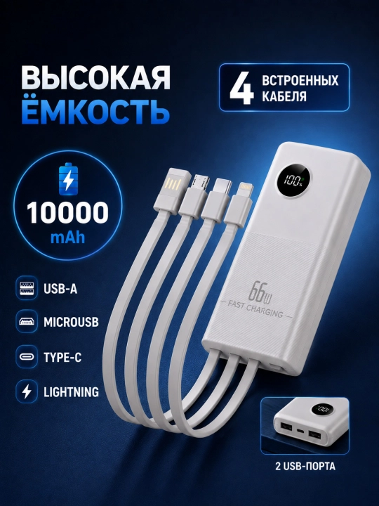 4 tasi 1-da kabelli quvvatlash banki, 10 000, 20 000 mA/soat, 66 Vt / 22,5 Vt