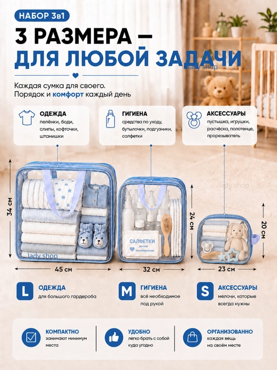 Сумки в роддом, 3 шт, кожаные, прозрачные, 3 размера, для мамы и малыша