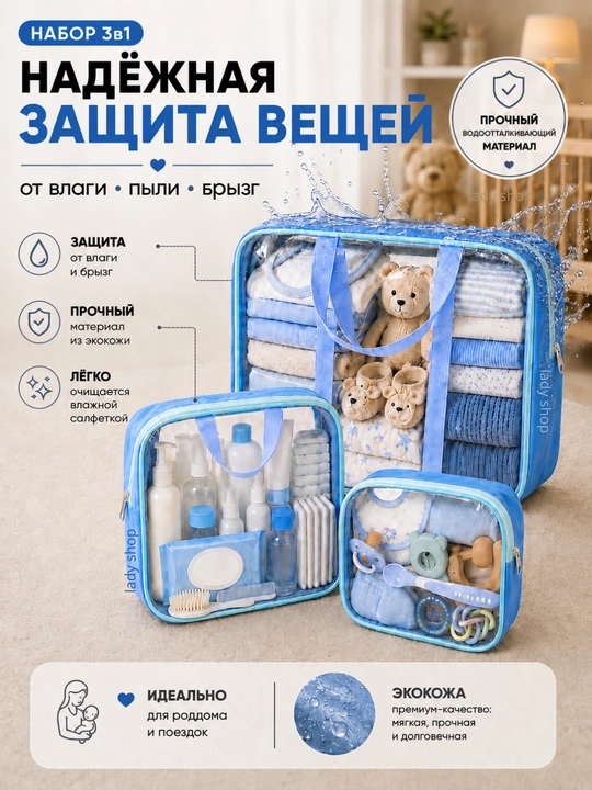 Сумки в роддом, 3 шт, кожаные, прозрачные, 3 размера, для мамы и малыша