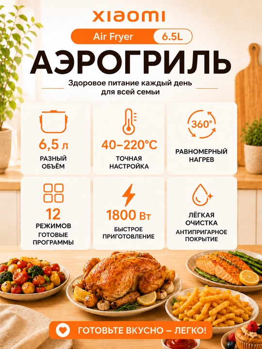 Аэрогриль Xiaomi Air Fryer 4.5-6.5L, фритюрница с готовыми рецептами, Global