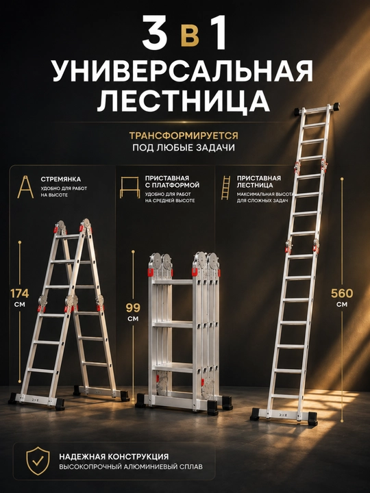 Лестница трансформер 5,6 м, алюминиевая складная стремянка 3 в 1