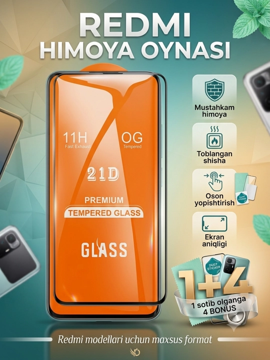 Redmi - 4, 5, 6, 7, 8, 9, 10, 11, 12, 13, 14, NOTE, NOTE PRO, NOTE PRO uchun himoya oynasi