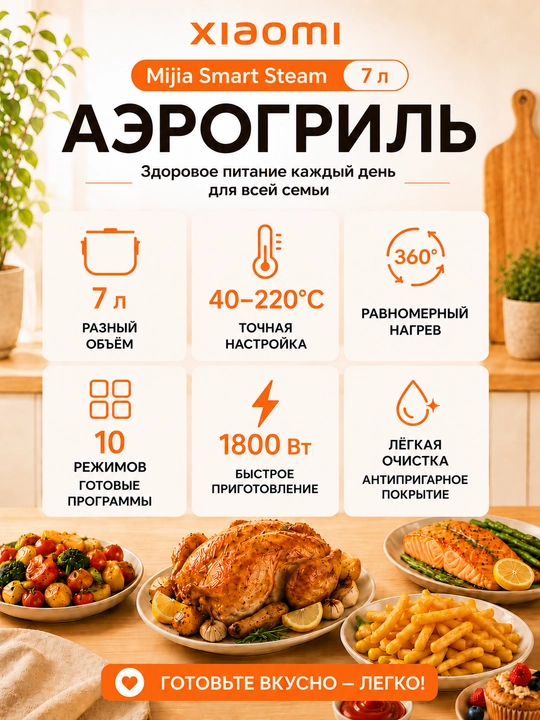 Аэрогриль Xiaomi Air Fryer 4.5-6.5L, фритюрница с готовыми рецептами, Global