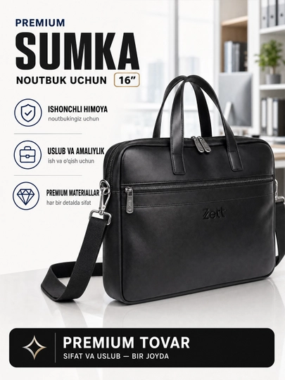 Charm sumka Zett - noutbuk uchun 16" dyum, biznes, ofis, o'qish, hujjatlar portfel sumka - 