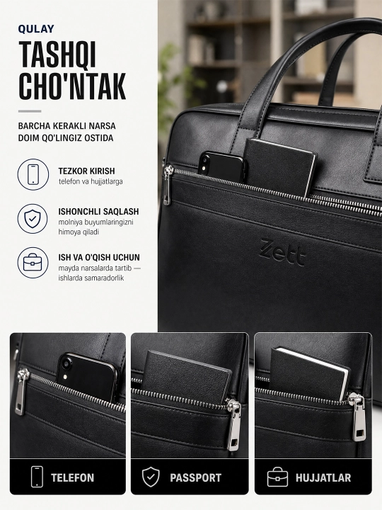 Charm sumka Zett - noutbuk uchun 16" dyum, biznes, ofis, o'qish, hujjatlar portfel sumka