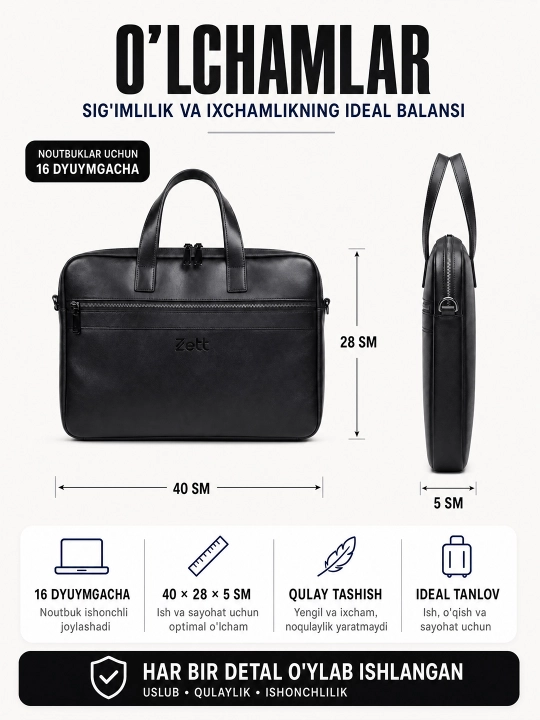 Charm sumka Zett - noutbuk uchun 16" dyum, biznes, ofis, o'qish, hujjatlar portfel sumka