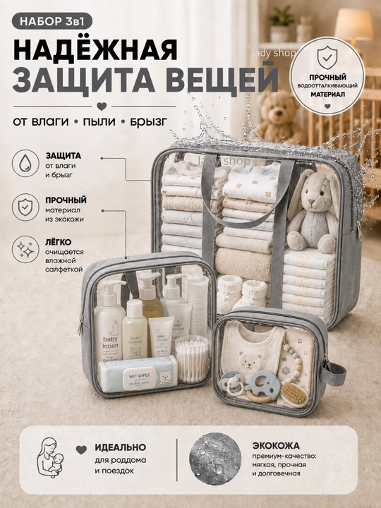 Сумки в роддом, 3 шт, кожаные, прозрачные, 3 размера, для мамы и малыша