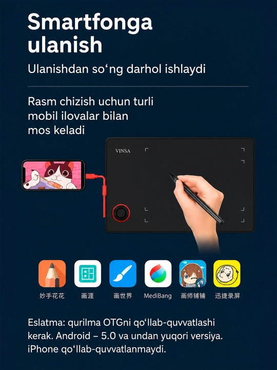 VINSA grafik plansheti, rasm chizish va dizayn uchun, pero bilan