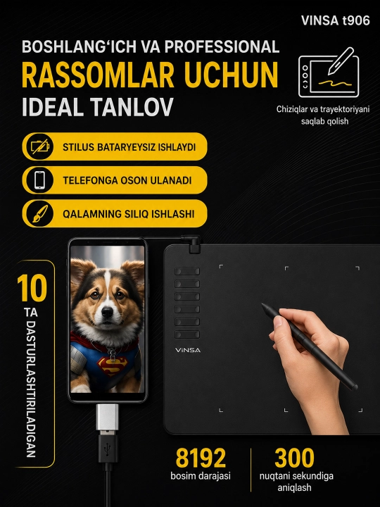 VINSA grafik plansheti, rasm chizish va dizayn uchun, pero bilan