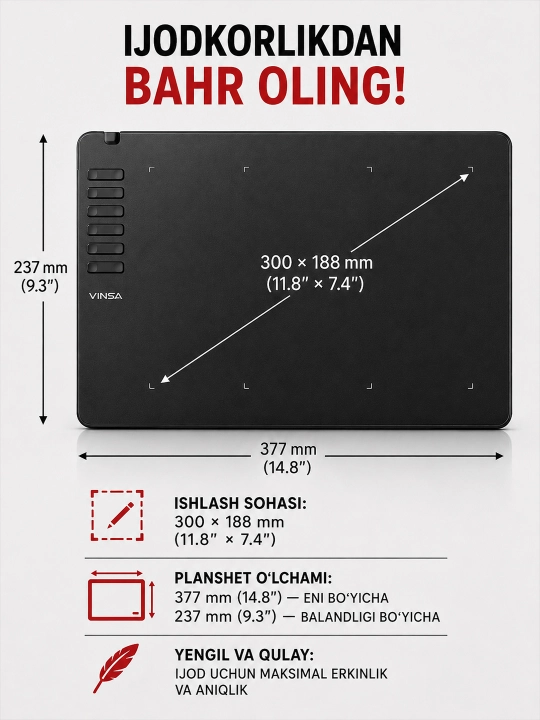 VINSA grafik plansheti, rasm chizish va dizayn uchun, pero bilan