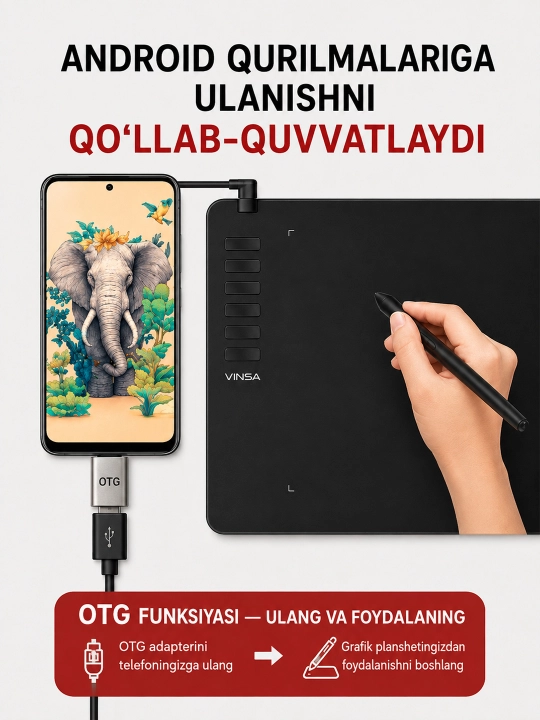 VINSA grafik plansheti, rasm chizish va dizayn uchun, pero bilan