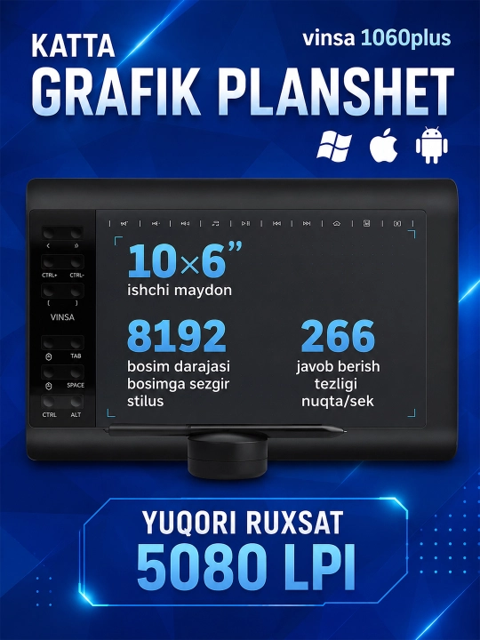 VINSA grafik plansheti, rasm chizish va dizayn uchun, pero bilan - 