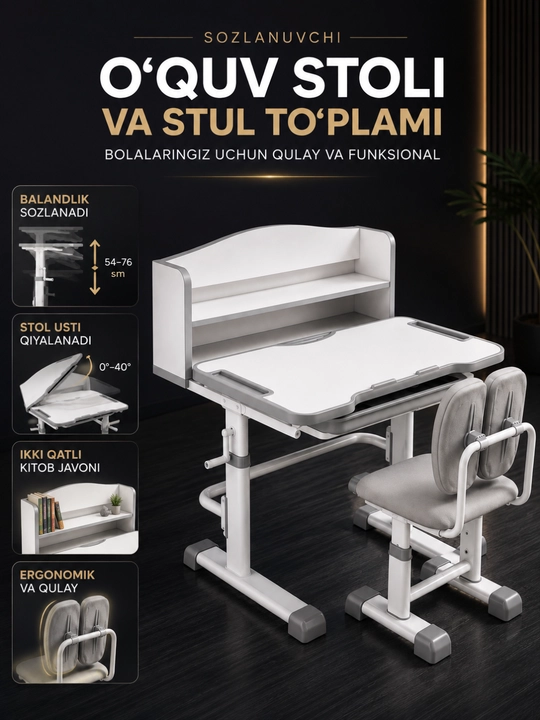 Parta stol bolalar uchun, ergonomik stul bilan, balandligi sozlanadigan o'quv komplekti - 
