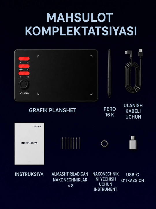 VINSA grafik plansheti, rasm chizish va dizayn uchun, pero bilan