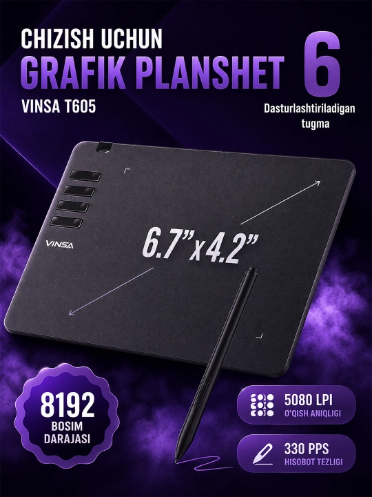 VINSA grafik plansheti, rasm chizish va dizayn uchun, pero bilan - 