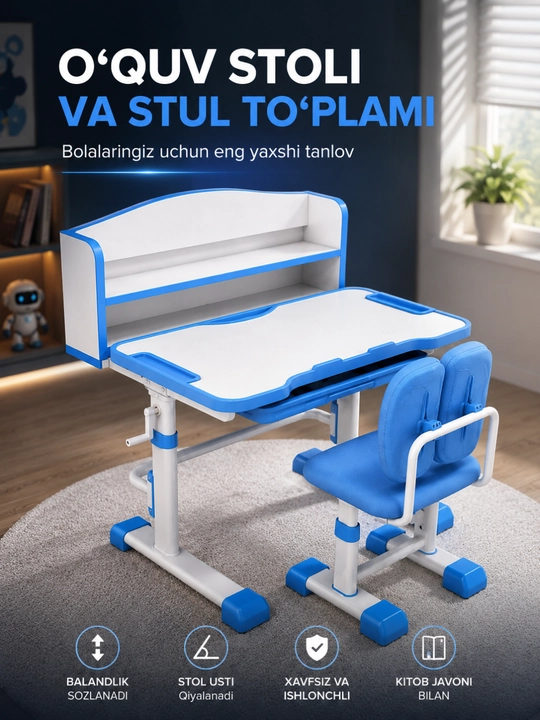 Parta stol bolalar uchun, ergonomik stul bilan, balandligi sozlanadigan o'quv komplekti - 