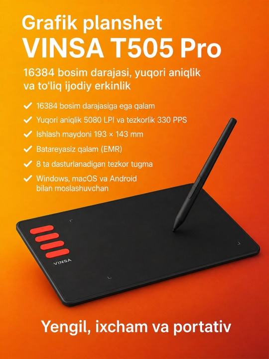 VINSA grafik plansheti, rasm chizish va dizayn uchun, pero bilan
