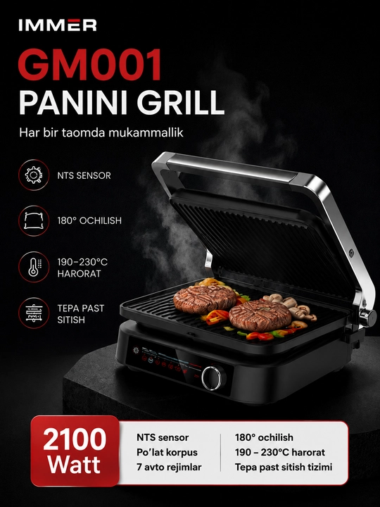 IMMER GM001  Elektr gril IMMER GM001 Panini Grill, 2100 Vt, 180° ochilish, 190–230°C
