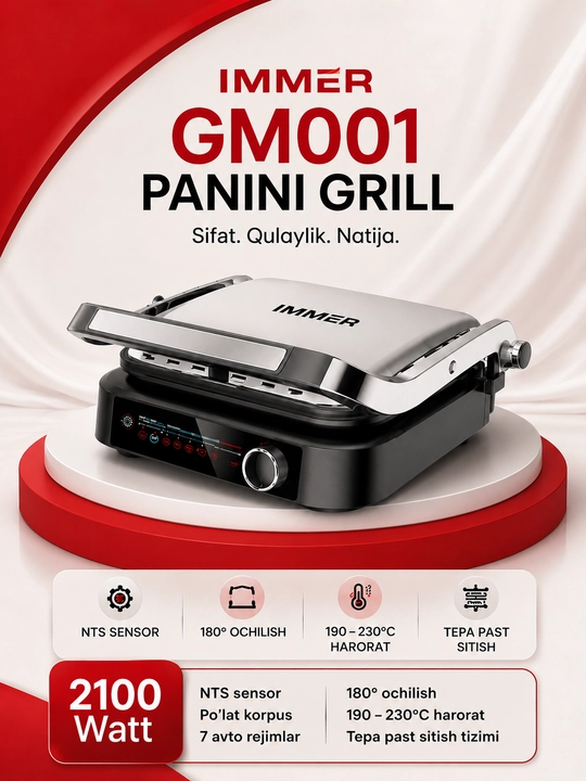 IMMER GM001  Elektr gril IMMER GM001 Panini Grill, 2100 Vt, 180° ochilish, 190–230°C - 