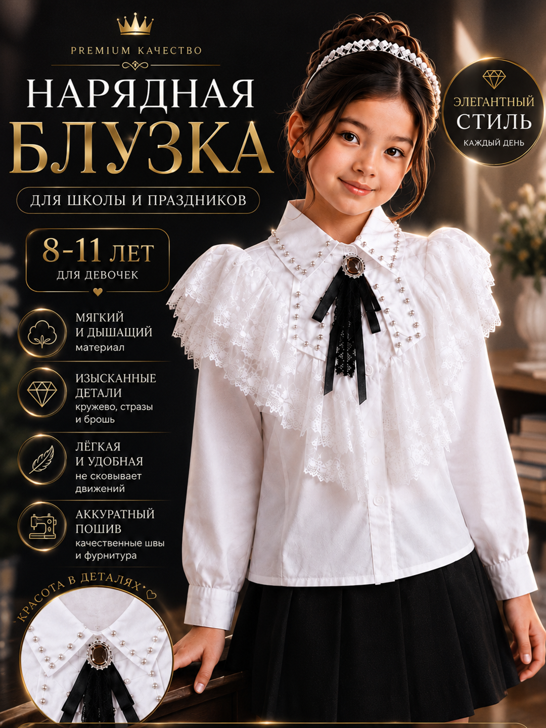 8-11 yoshli qizlar uchun bluzka, to‘r va to‘g‘nog‘ichli oq maktab ko‘ylagi - 