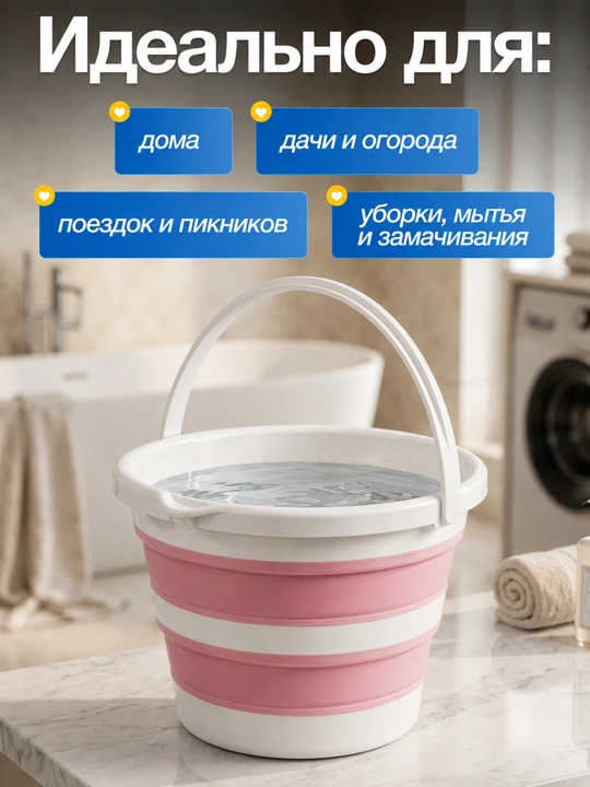 Yig‘iladigan plastik chelak, tog‘ora, silikon, 10 va 15 litrli