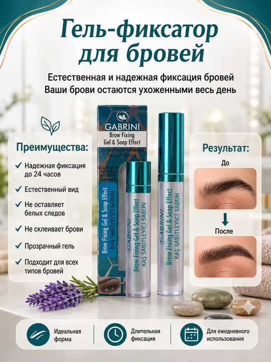 Gabrini Brow Fixing Gel & Soap Effect qoshlar uchun fiksator gel, shaffof, 8 ml