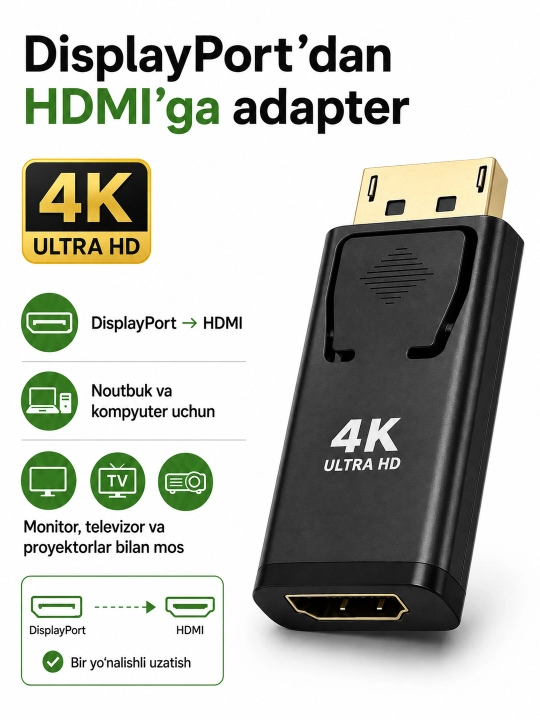 Переходник DisplayPort на HDMI, адаптер DP-HDMI, 4K Ultra HD - 
